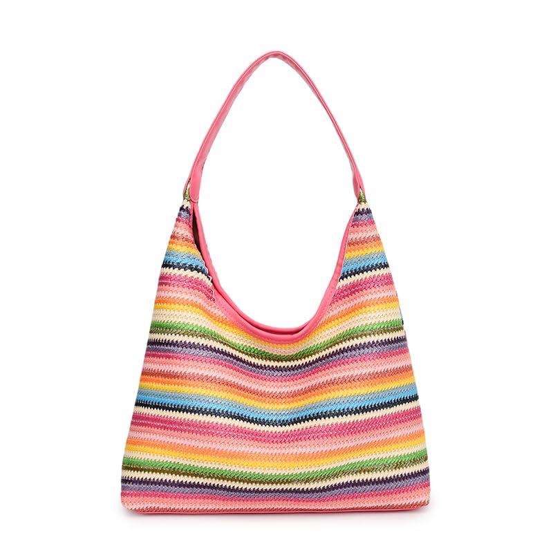 UKETO Bolso de mano tejido para mujer, bolso de hombro de gran capacidad, bolso trenzado a la moda, a rayas, cierre de cerrojo simple para fiestas y vacaciones (rosa), rosa., 13.39x5.12x9.45inch