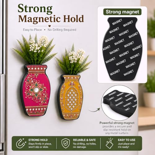 Image of Regalo Casila Magnetic Artificial Flower Vase Fridge Magnets Set of 2 Kundan Floral Mirror Work Indian Ethnic Art Refrigerator Kitchen Home Office Decor Housewarming Gift