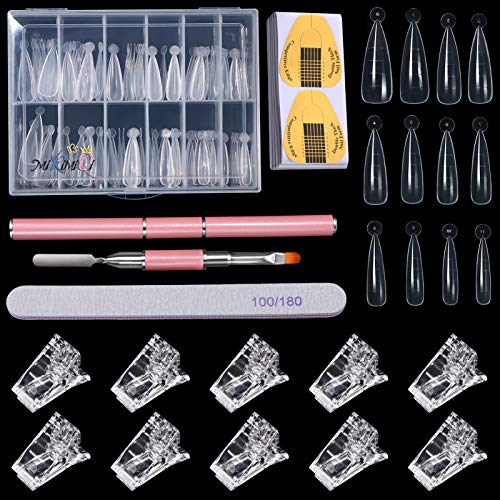 MIKIMIQI Dual Nail Forms Set 120Pcs Stiletto Gel Nail Molds 100PCS Nail Art Extension Guide Form Tool 10Pcs Poly Gel Quick Building Nail Tips Clip 1Pc Dual-Ended Brush Nail File for Manicure