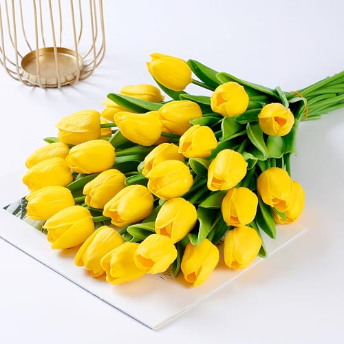 Image of Sggvecsy 30 Pcs Fake Tulips Artificial Flowers Real Touch PU Faux Flowers Tulip Stems for Wedding Spring Bouquet Floral Arrangement Home Party Office Decorations for Mother's Day (Dark Yellow)