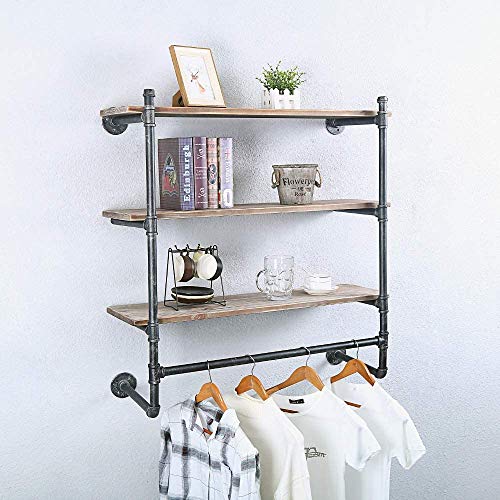 Wjj Industrial Pipe Clothing Rack Wall Mounted With Real Wood Shelf,Pipe Shelving Floating Shelves Wall Shelf,Rustic Retail Garment Rack Display Rack, 36In Steam Punk Commercial Clothes Racks #TOP4