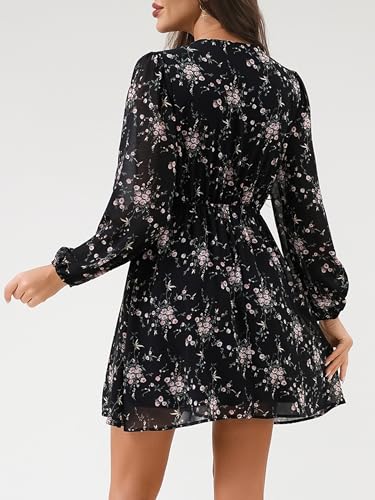 DERAX Women's Floral Boho Mini Dresses Elegant Spring Fall V Neck Chiffon Long Sleeves Party Vacation Cocktail Dress2