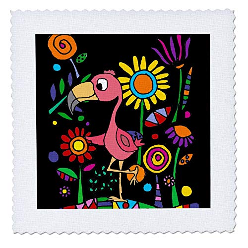 8x8 inch Quilt Square - Funny Cute Pink Flamingo in Colorful Flower Garden Nature Abstract Art Animals