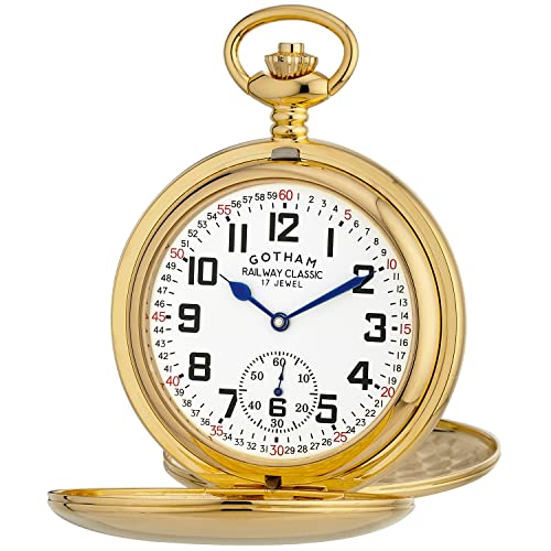 Gotham Men's Gold-Tone Railroad Dial Double Hunter 17 Jewel Mecha...
