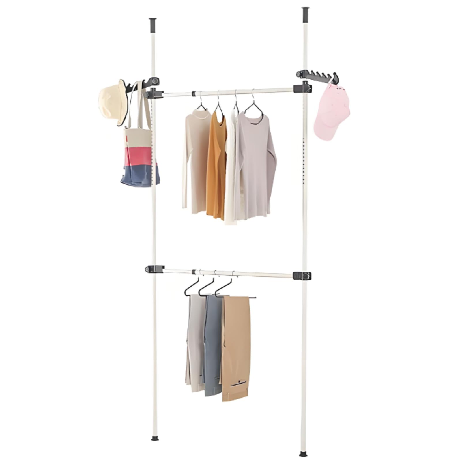 GOTOTOP Perchero de Ropa Telescópico Altura Ajustable, Barra Extensible de Suelo a Techo con 2 Travesaños para Armario y Vestidor