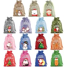 Snadulor 30 Pcs Multi-colored Christmas Linen Bags with Drawstring Bags