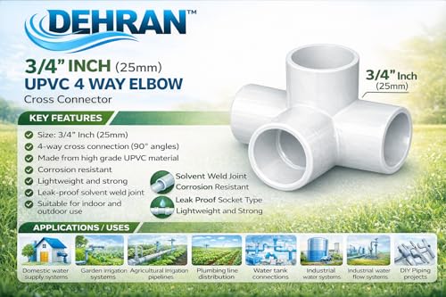Image of DEHRAN UPVC 4-way Elbow 3 /4 inch inchi (25MM) Pipe Joint /Corner Heavy Duty UPVC Available for Greenhouse, Tent Connection,Furniture and Plumbing Projects White Color (5)
