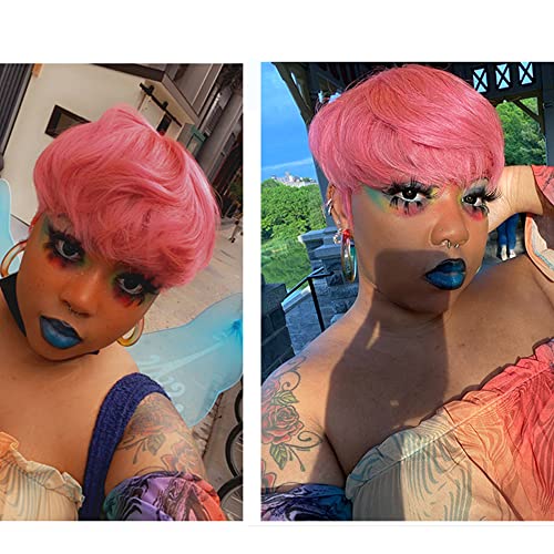 TANGCAI Human Hair Pixie Cut Wig For Woman 1B/Pink Short Human Hair Bob Wigs pixie haircut wig with Bangs Brazilian Human Hair short Bob wig short wigs for black women(1B/Pink)