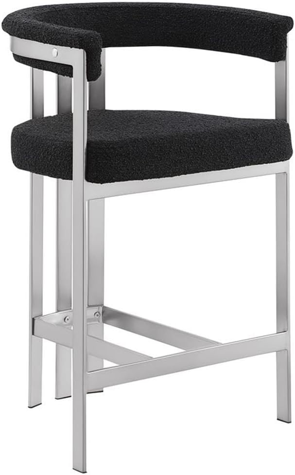 Modern Upholstered Bar Stool with Black Boucle Fabric – Matte Brushed Chrome Legs in Silver – Versatile Living Room & Dining Room Seating – Set of 1