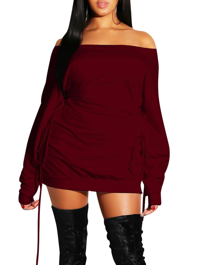 GOKATOSAU Women's Sexy Casual Off Shoulder Long Sleeve Lace Up Loose Club Mini Dress