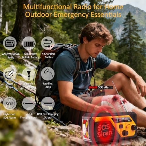 Image of Emergency Radio, AM FM NOAA Weather Radio, 6000mAh Hand Crank Radio, SOS Alarm, Flashlight, Reading Lamp, 4 Charging Cables for Emergency Essentials Power Outage