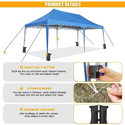 HOTEEL-10×20-Pop-Up-Canopy-Tent-for-Parties-Easy-Setup-Canopy-Tent-for-Backyard-Waterproof-Outdoor-Gazebo-for-Wedding-Event-Patio-Outside-Instant-Vendor-Tent-with-4-Sandbags-Rolling-Bag-Blue HOTEEL 10×20 Pop Up Canopy Tent for Parties Easy Setup Canopy Tent for Backyard Waterproof Outdoor Gazebo for Wedding Event Patio Outside Instant Vendor Tent with 4 Sandbags Rolling Bag Blue