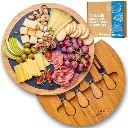 BlauKe® Bamboo Cheese Board with Knife Set and Slate – 30cm Round Charcuterie Board, Serving Platter with Cheese Knives – Wooden Cheese Board Gift Set