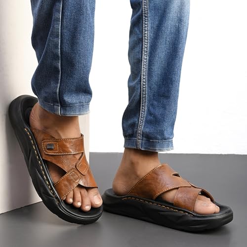 Image of Centrino Men's Slide Sandals | Stylish Adjustable Velcro Strap Sandal with Grip Insole | Casual Summer Footwear | Comfortable Casual Footwear for Office, Travel & Walking (9577)