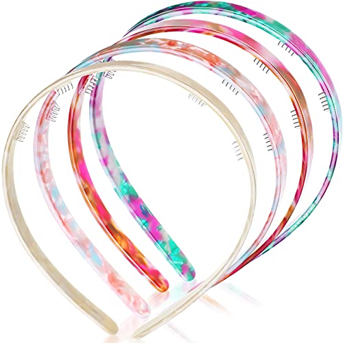 4 Pieces Plastic Headbands for Women with Teeth Comb Headband Thin Cellulose Acetate Tortoise Headbands Skinny Headbands For Girls (Fresh Pattern)