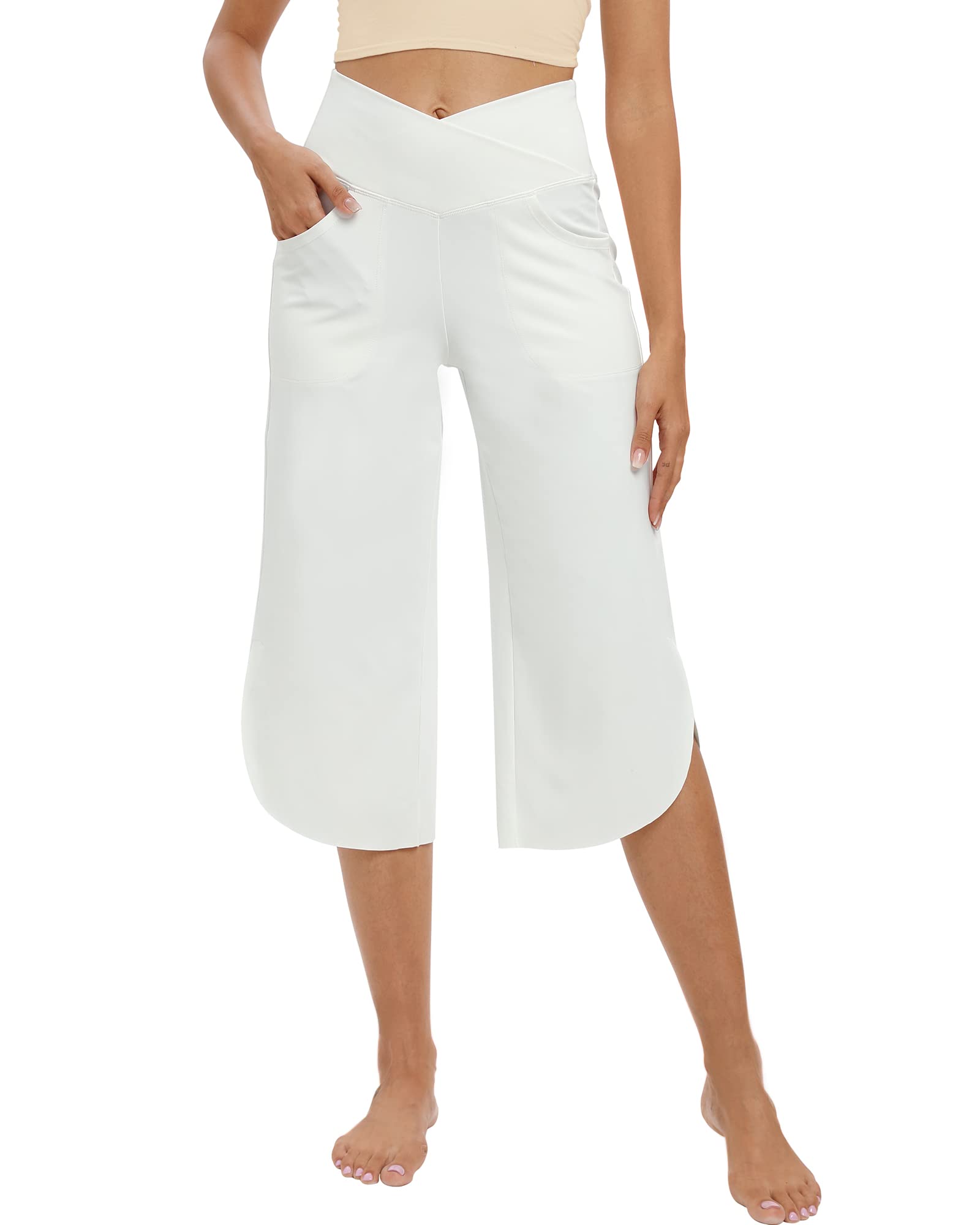 G4Free Yoga Capri Pants for Women Wide Leg Dress Crop Pants with Pockets High Waist Summer Flowy Capris