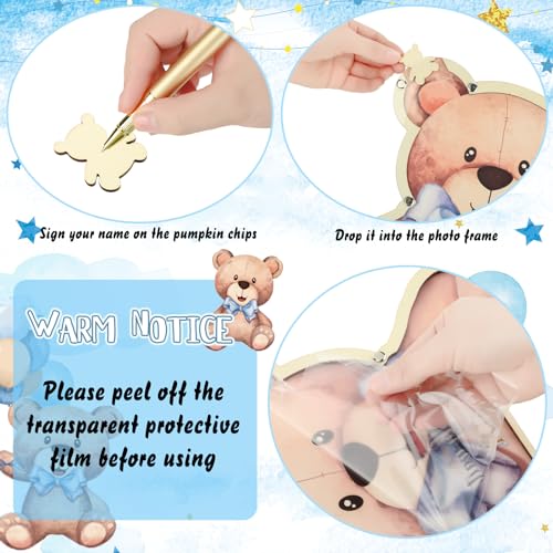 Image of Wenqik 63 Pcs Bear Baby Shower Guest Book Alternatives Set Baby Shower Decorations with Photo Frame Sonogram Frame Keepsake 60 Wood Slices Guest Book for Birthday