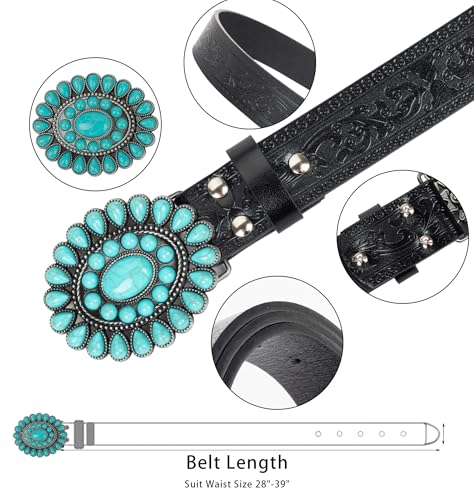 UTOWO Western Cowgirl Belt for Women,Vintage Engraved Tooled Leather Belt Turquoise Cowboy Country Belt3