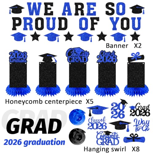 Image of Graduation Decorations 2026 - Blue Congrats Grad Party Supplies Include Glitter We are So Proud of You Banner, Hanging Swirls and Honeycomb Centerpieces for Photo Toppers
