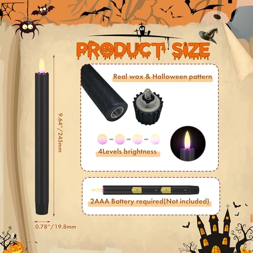Image of Black Flameless Taper Candles with Remote, 9.6 inch Halloween Battery Operated Candles 3D Wick, 3 Pack Real Wax Led Candlesticks Flickering Electric Candle for Halloween, Home, Party Decor