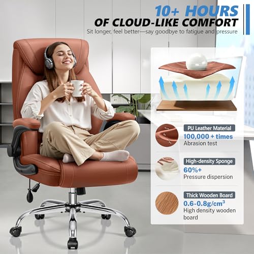 Image of BestGlory Executive Office Chair with Lumbar Support, Big and Tall Ergonomic Computer Desk Chair, Leather Comfy High Back Gaming Chair with Flip Up Arms & Rocking Function for Home Office, Brown