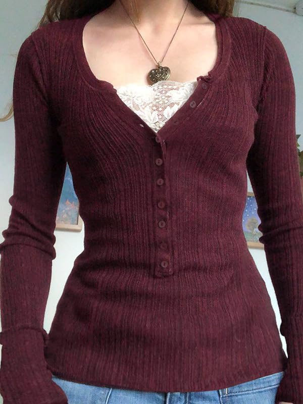 EMMIOL Lace Crop Button Up Shirts for Women Paneled Button Long Sleeve Knit Top Lightweight Slim Basic Knit Tunic Top Blouse: 2-wine Red XX-Large