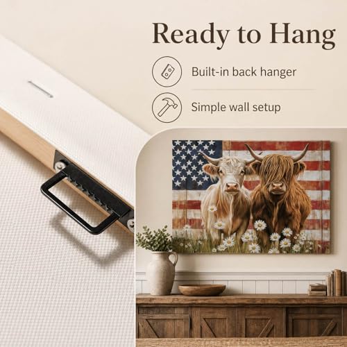 Image of Highland Cow Wall Art Decor, 4th of July American Flag Patriotic Vintage Canvas Print Picture Framed, Rustic Farmhouse Animal Painting for Home Bathroom Living Room