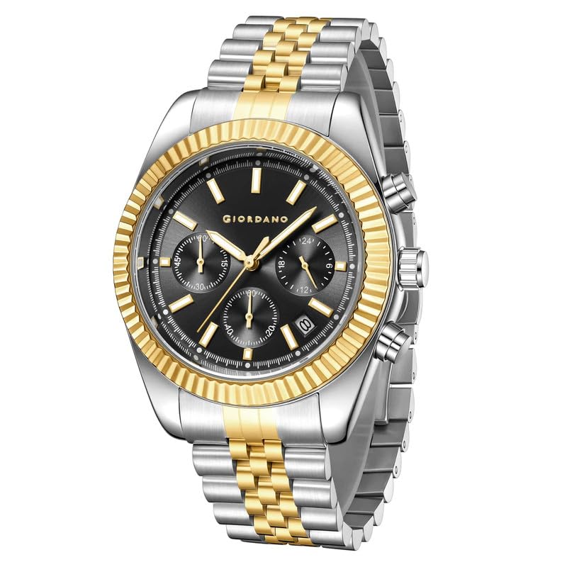 Image of GIORDANO Chronograph Analog Watch for Men - Textured Bezel, Luminous Index Markers, Stainless Steel Strap & Date Display