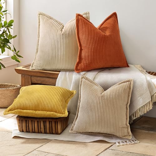 decorUhome Fall Corduroy Rust Throw Pillow Covers 18x18 Set of 2 Decorative Soft Boho Striped Neutral Euro Farmhouse Couch Pillow Cases with Broadside for Living Room Bed Sofa