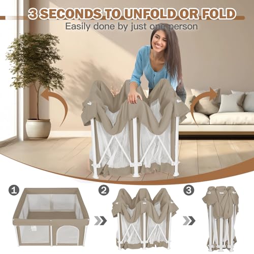 Image of Foldable Baby Playpen 50 inchx50 inch, Playard for Babies and Toddlers, Portable Safety Baby Fence Lightweight,No Installation, Indoor & Outdoor Playpen with Ocean Balls*50, Beige