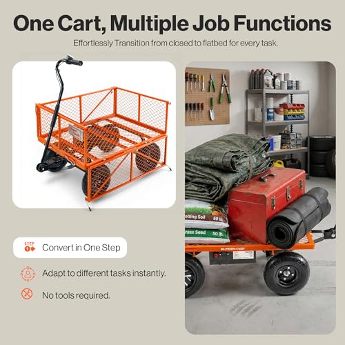 Image of SuperHandy Electric-Assist Garden Cart - 5.7 Cubic Ft Utility Wagon, 440lbs Load, All-Terrain 10in Wheels, Anti-Rust Steel Frame, Convertible Flatbed Design