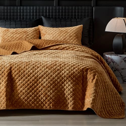 WARMDERN Velvet Quilt Queen Size, Luxury Geometric Stitch Quilt Set, Lightweight Diamond Patterned Bedspread and Coverlet, Soft Comforter for All Seasons, Burnt Orange, 90" x 96"