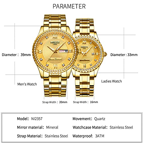 NIBOSI Watches for Couples Diamond Luxury Men and Women His and Hers Pair Watch Set Husband Wife Valentines Matching Wrist Watch Wedding Gifts Day Date Waterproof Quartz Analog