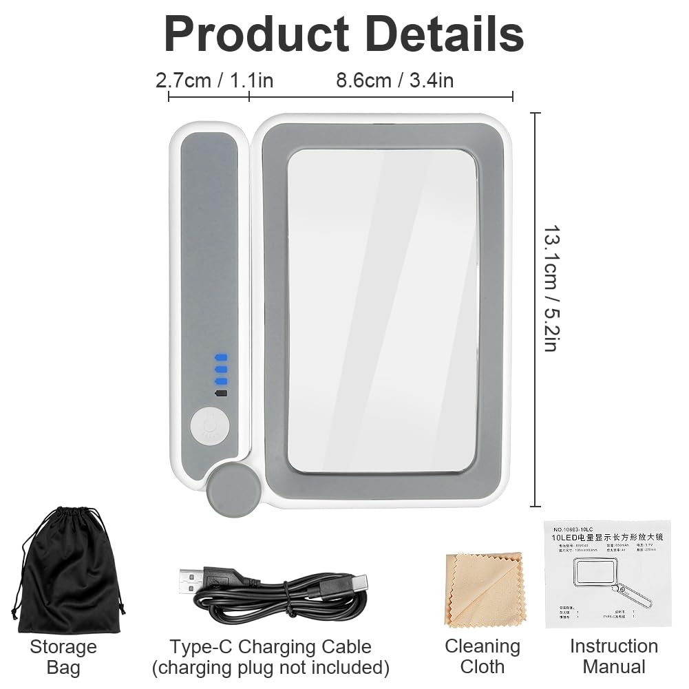 Vicloon Lupa Rectangular, Lupa con Luz 4X, Lupa Grande Plegable con 10 LED y 3 Modos de Luz Fría/Cálida, para Leer Libros de Baja, Páginas, Revistas, Tarjetas, Joyas, Periódicos, Artesanía y Mapas