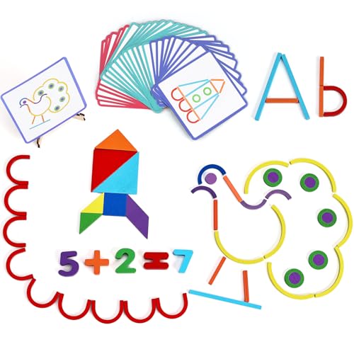 BBLIKE Tangram Infantil Montessori - 115 Piezas de Madera Educativas con 25 Tarjetas de Diseño y Bolsa de Almacenamiento - Juego de Construcción Creativo para Niños de 3 4 5 Años