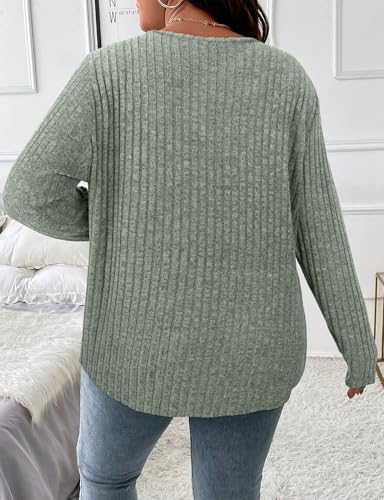 Image of Koscacy Women Plus Size Casual Knit Sweater with Pocket V Neck Solid Color Tops Lightweight Long Sleeve Blouses