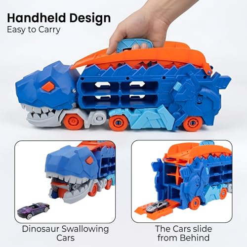 Image of WireScorts Dinosaur Planet Dino Transporter Truck Toy with Track - Push & Go Dinosaur Car Carrier with 2 Die-Cast Cars, Deformation into Race Track - Toddler Toy Gift for Boys Ages 3-6