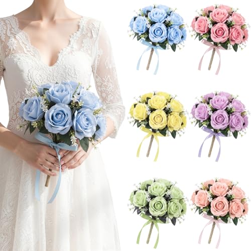 Canlierr 6 Pcs Pastel Bridesmaid Bouquet Set for Wedding, 7 Inch Pre Made Artificial Silk Rose Wedding Flowers, Bridal Party Bouquets for Ceremony, Reception, Bridal Shower, Table Centerpiece