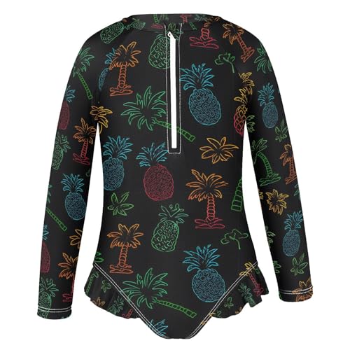 ALAZA Neon Palm Tree Pineapple Black Girls One Piece Swimsuit Long Sleeve Rash Guard Swimsuits UV 50+ Swimwear Zipper2