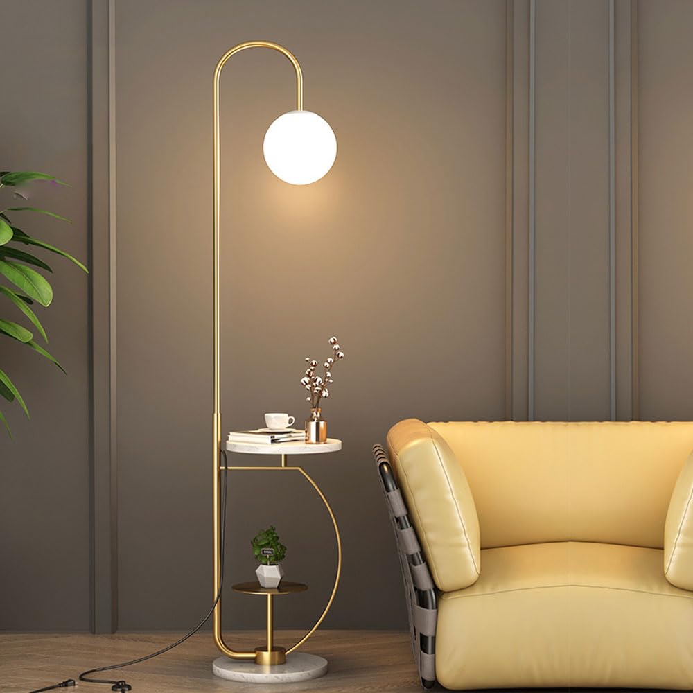 Lampadaire avec table en marbre et double disque en verre blanc pour salon