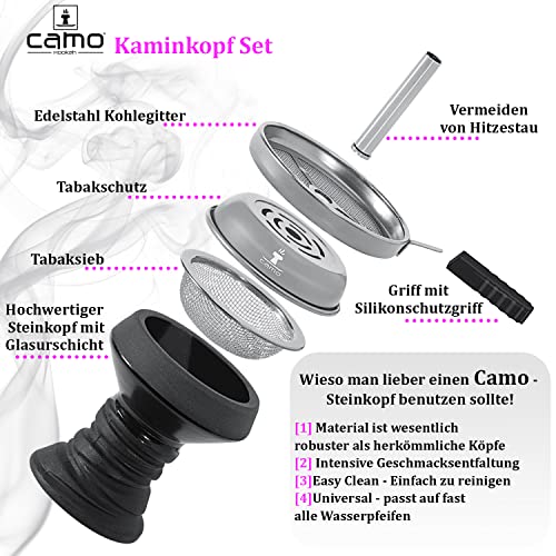 Camo Lite Shisha Set Aluminium Alu Schwarz 72 cm Hookah Wasserpfeife Steinkopfset Acryl Molassefänger 18/8 Schliff Base… – Bild 7