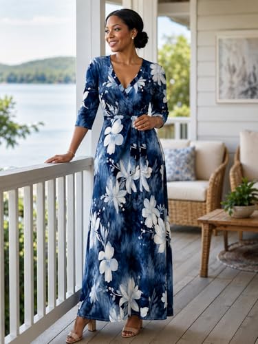Image of PinkPatty Plus Size Maxi Dress for Women Casual V Neck 3 /4 Sleeve Boho Printed Long Dress with Pockets