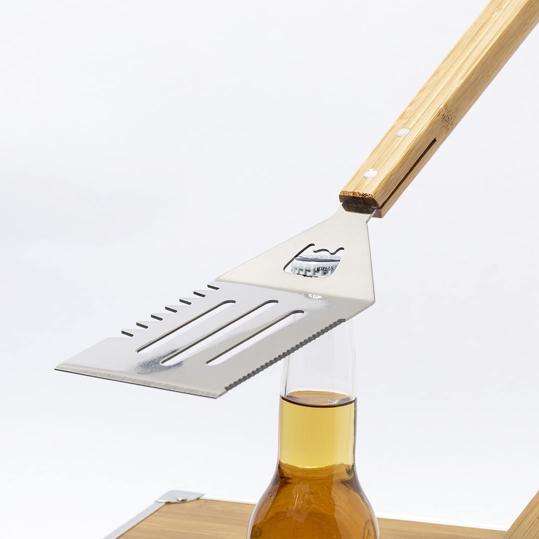 Set di 3 posate per barbecue, in valigetta in metallo effetto bambù, con pinza, forchetta e paletta per barbecue