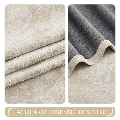 Beauoop Beige Floral Jacquard Blackout Curtains 96 Inches Long 2 Panels for Bedroom Living Room Taupe Flower Chenille Room Darkening Thermal Insulated Soundproof Grommet Window Treatments Drapes 52x96 by Beauoop - Image 2