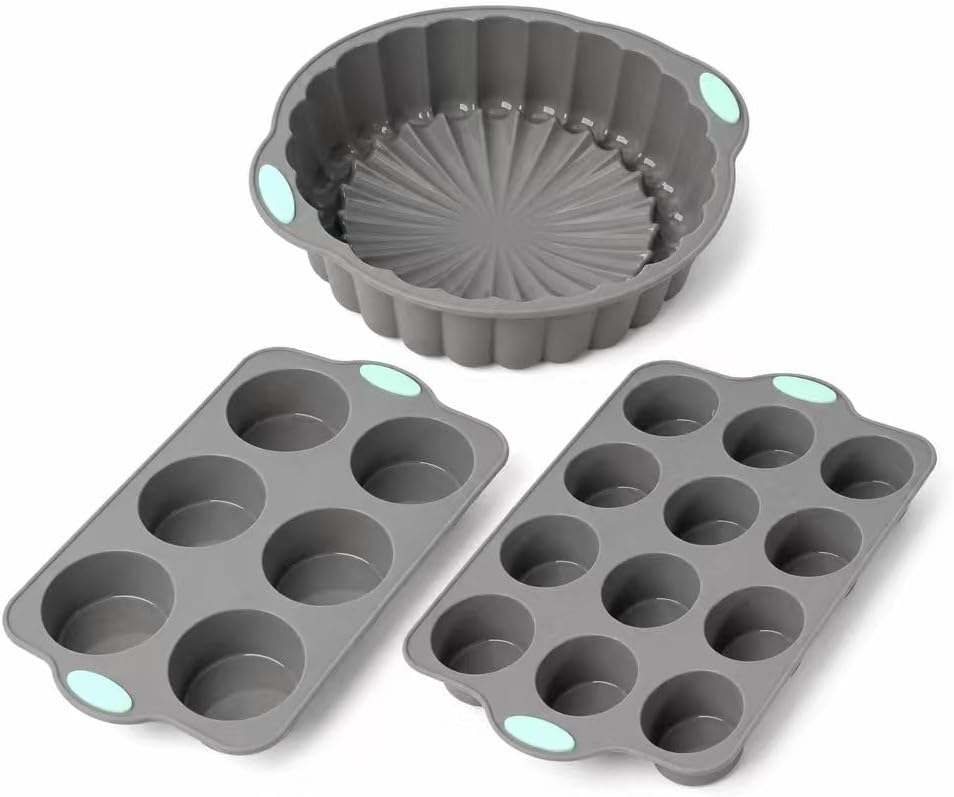 Gray Green Silicone Bakeware Set of 3, Round Flower Pan 6 & 12 Cavity Pastry Trays for Household Baking