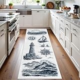 Meugesoi Vintage Nautischer Thema Teppich Läufer Segelboot Leuchtturm Teppiche Waschbarer rutschfest 80x200 cm, Meereswellen Kompass Teppichläufer, Carpet für Flur Schlafzimmer KüChe Hallway