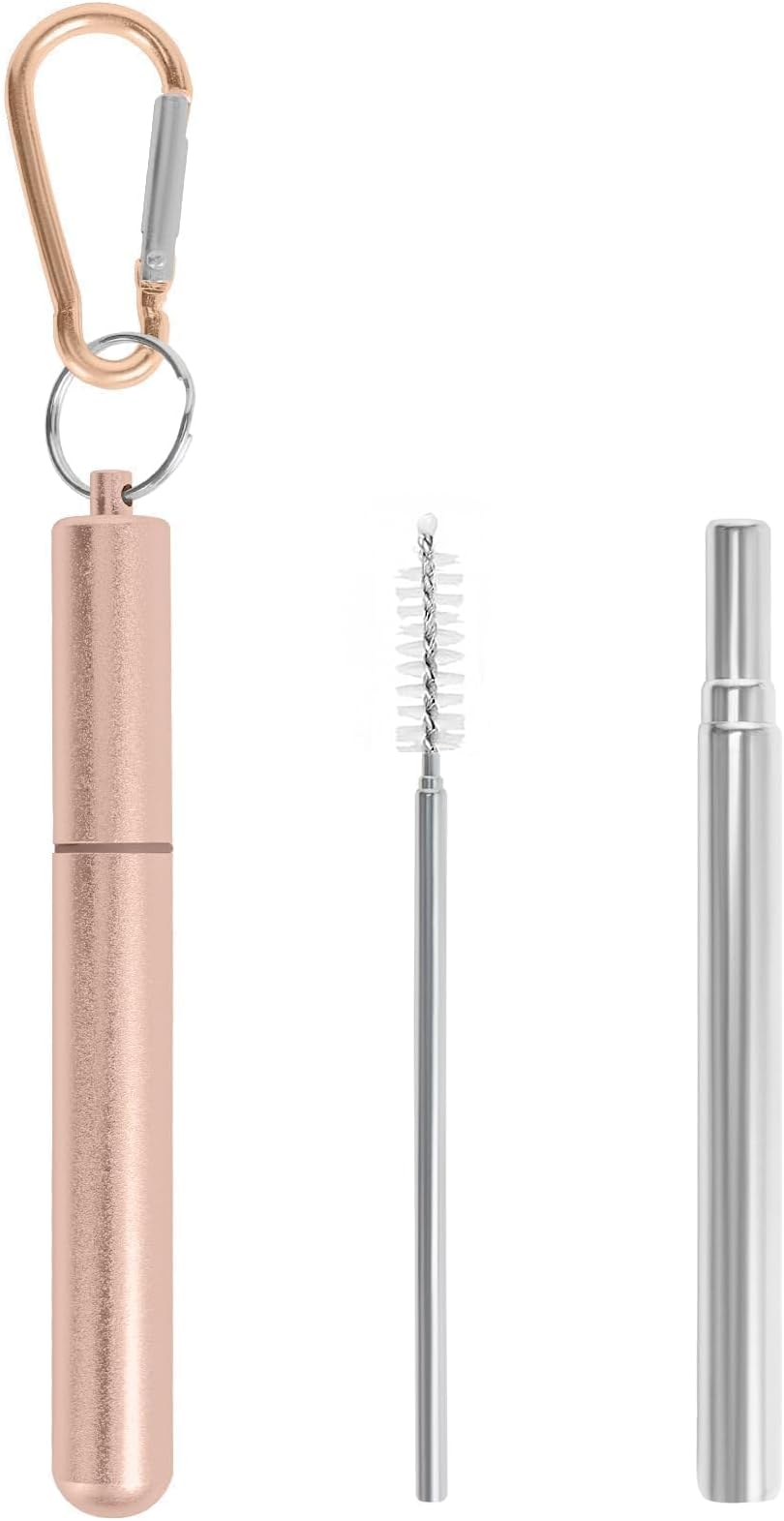 Collapsible Metal Straws, Travel Drinking Straws with Case, Keychain and Cleaning Brushes, Cruise Essentials（1 Pack, Rose Gold）