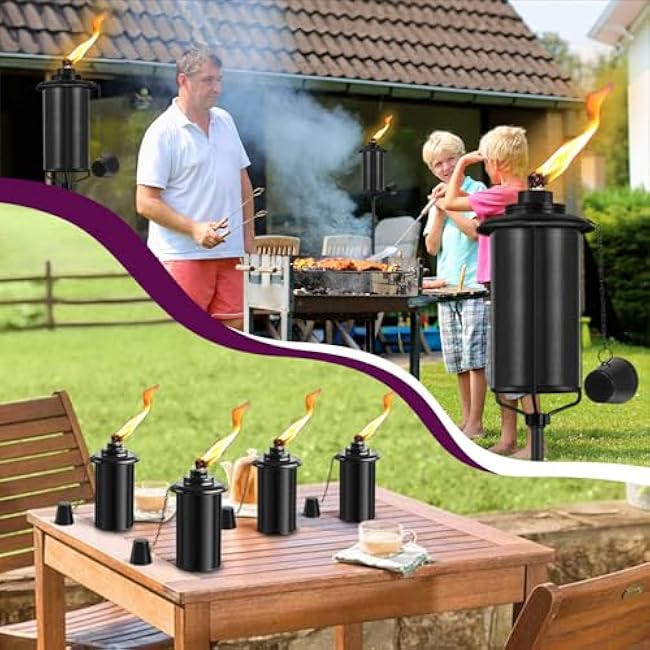 4-Pack Garden Metal Torches, 60 Upgraded Citronella Torches with 5-Prong Grounded Stakes, 16 oz Heavy-Duty Outdoor Torch Lights for Patio, Pathways, and Parties (Ultra-Stable Design)