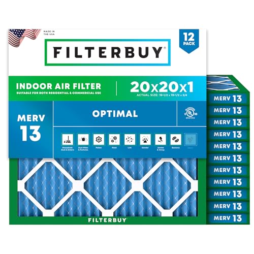 Filterbuy 20x20x1 Air Filter MERV 13 Optimal Defense (12-Pack), Pleated HVAC AC Furnace Air Filters Replacement (Actual Size: 19.50 x 19.50 x 0.75 Inches)