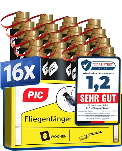 PIC Fliegenfänger 16x - Fliegenfalle Innenbereich, Fruchtfliegen, Klebestreifen, Klebefalle, Fruchtfliegenfalle, Fly Trap, umweltfreundlich und giftfrei obstfliegenfalle, inkl. Reißnagel zum Aufhängen